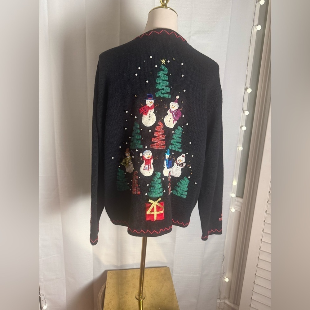 Vintage Festive Black Cardigan with Snowman Design 2X